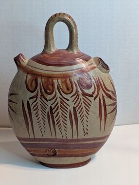 VINTAGE MEXICAN TONALA CLAY POTTERY WATER JUG, HANDPAINTED,
